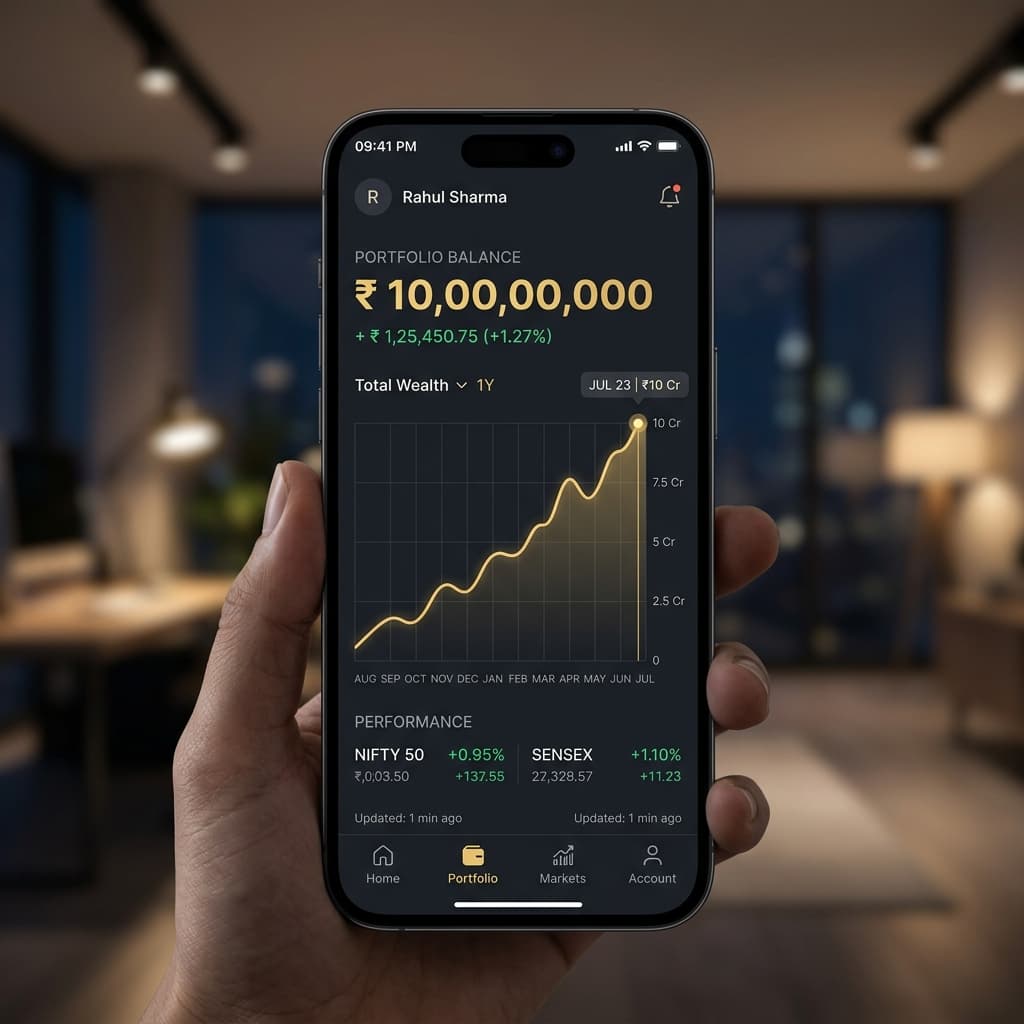 Clean financial dashboard UI showing compounding growth in INR